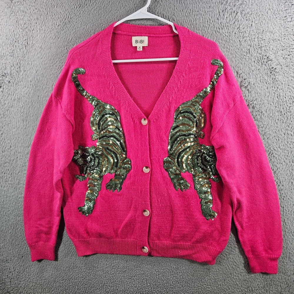 BiBi Pink Sequin Tiger Cardigan Sweater Womens Medium V-Neck